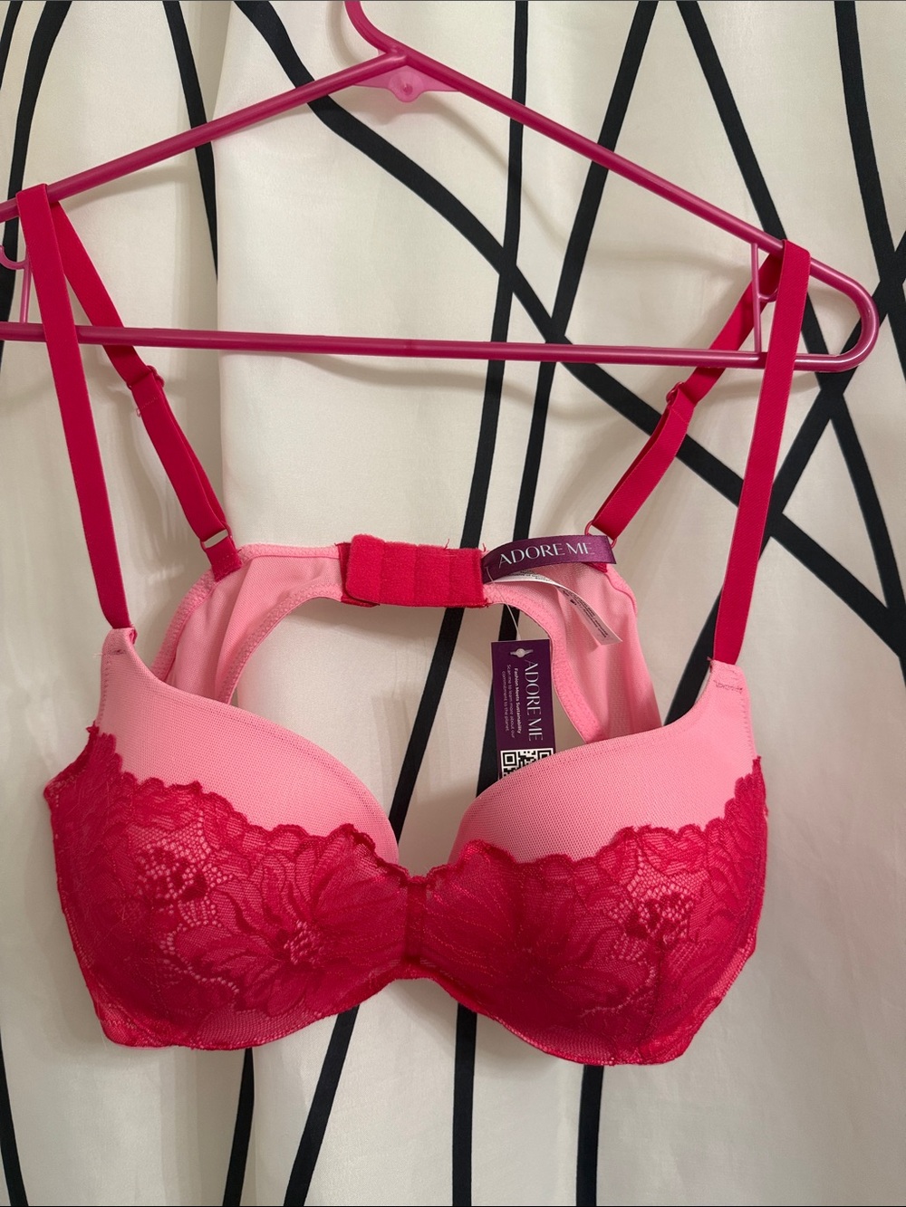 NWT Adore Me Pink & Hot Pink Lace Push-Up Bra with Contrast Straps - 38C